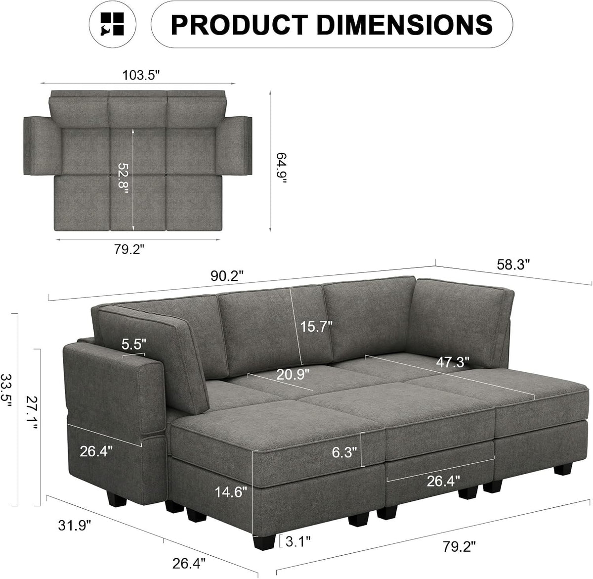 Belffin Terry Fabric Modular Sectional Sleeper Sofa Bed with Storage Convertible Sectional Couches