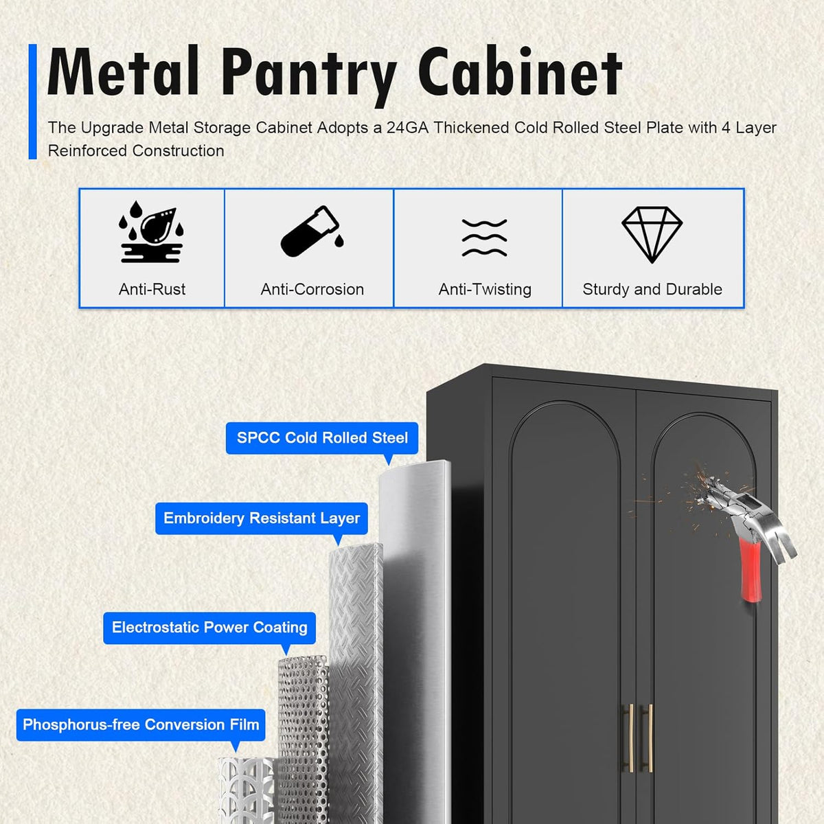 Pantry Cabinet, 75 Inch Tall Kitchen Storage Cabinet, Metal Pantry Cabinets with Doors and