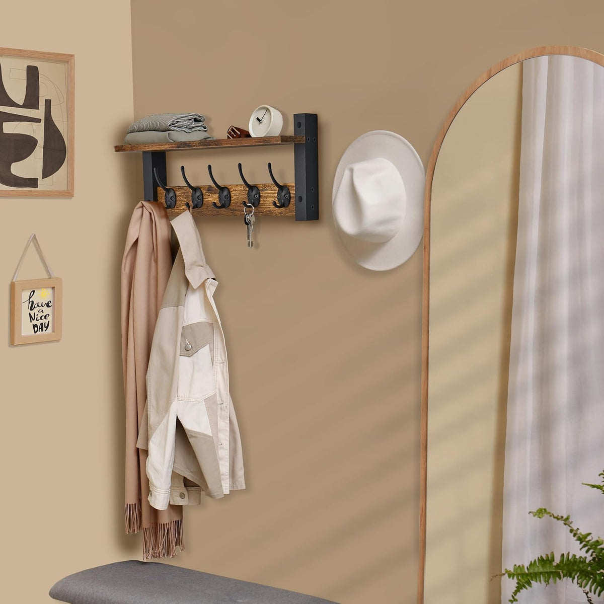 Sorbus Coat Hooks Wall Mount with Shelf – 16 Inch Coat Rack Wall Mount with 5 Heavy Duty Hooks