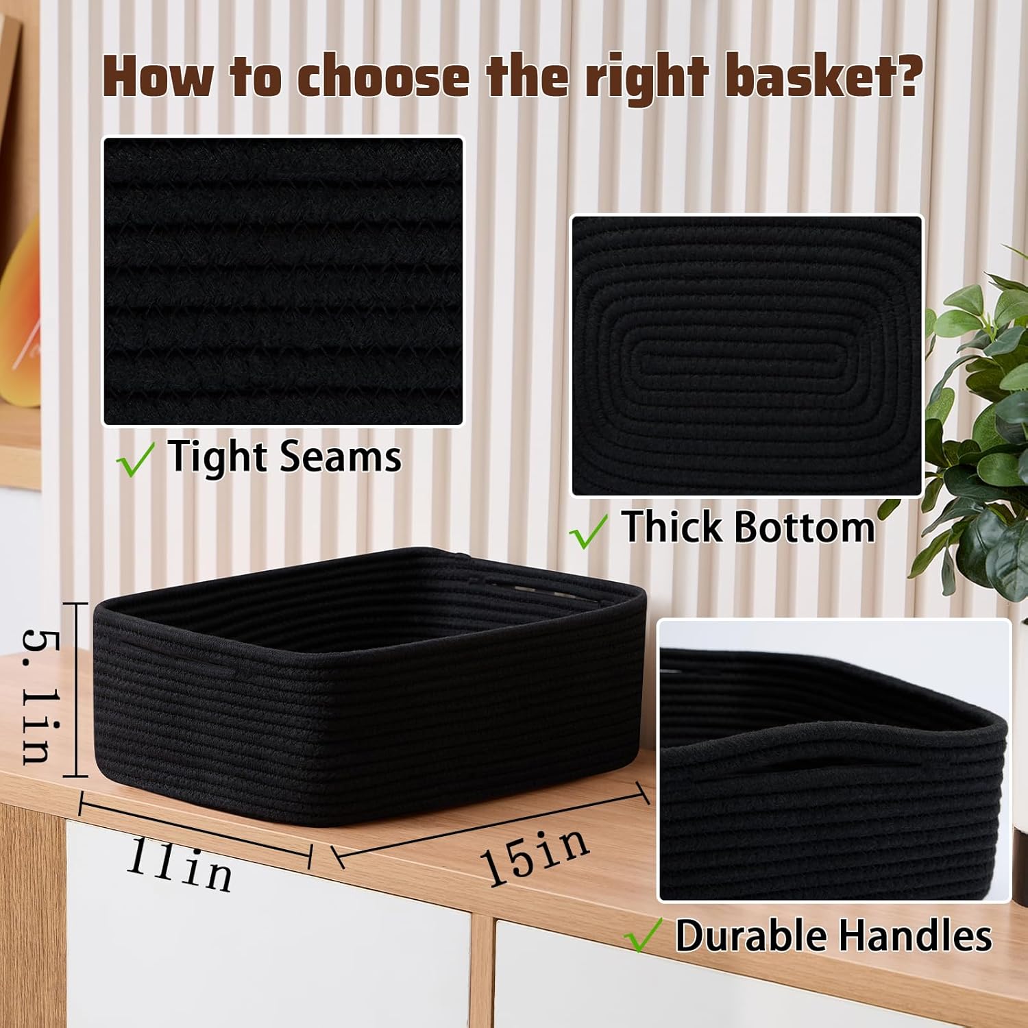 Large Shallow Organizing Baskets 15x11x5.1 Inches - Rope Woven Storage Bins for Bathroom, Shelves