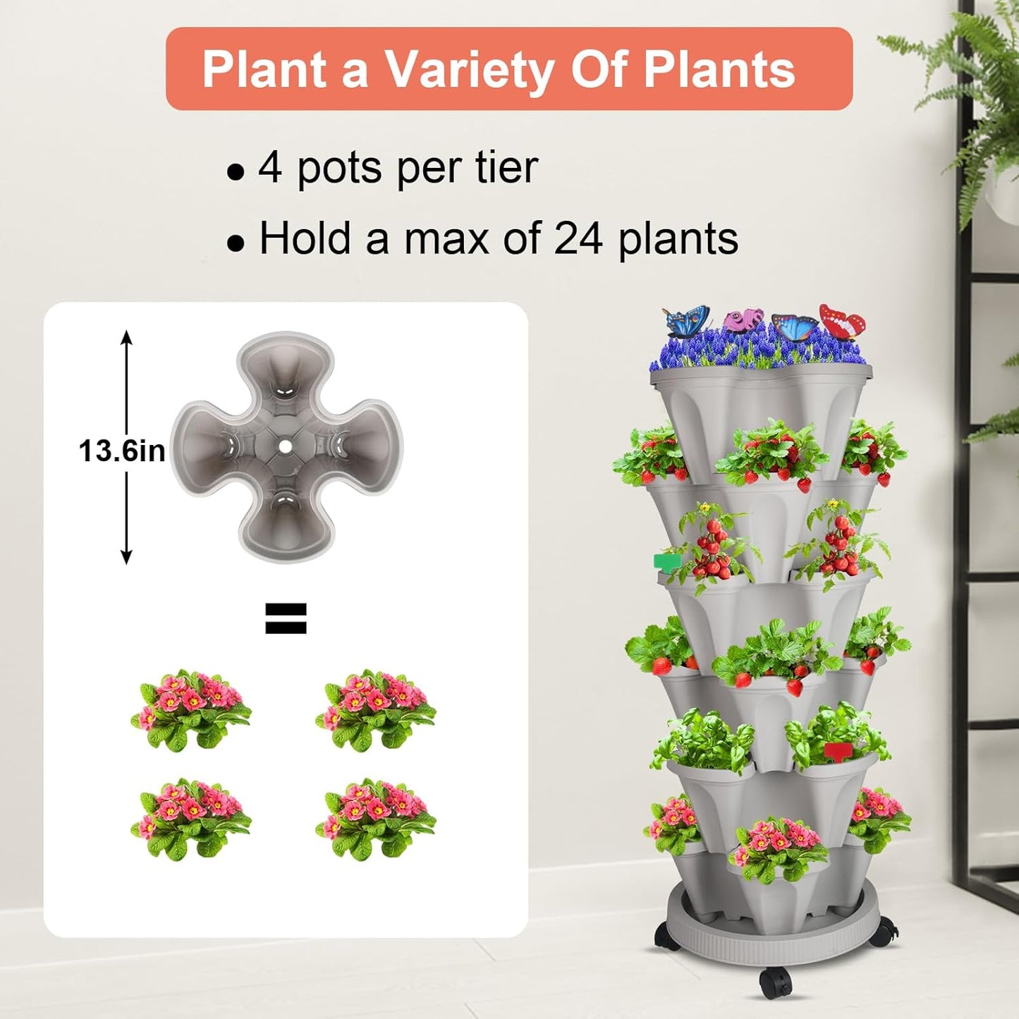 Vertical Planter, 6 Tier Stackable Strawberry Planter with Garden Tool Set, Movable Indoor/Outdoor