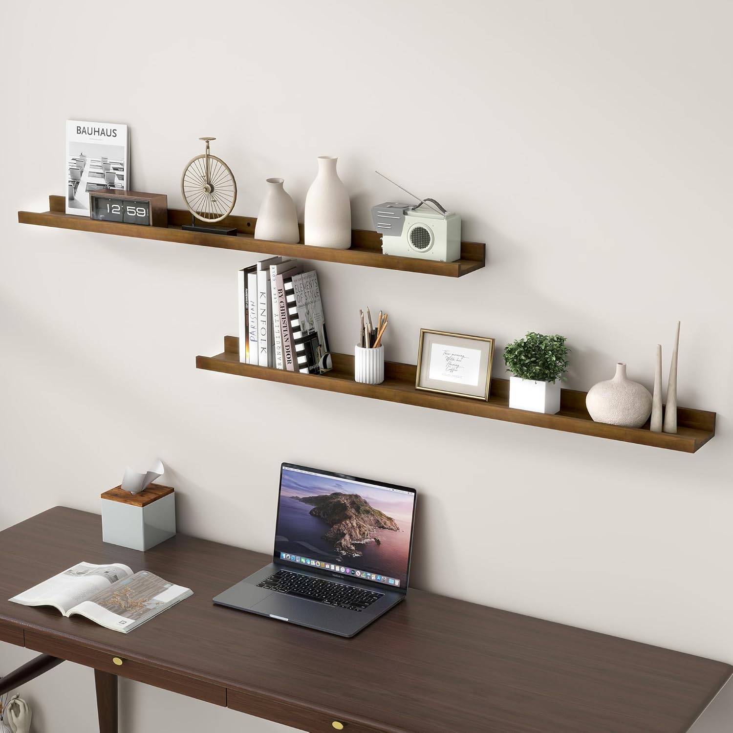 Picture Ledge Wall Shelves 48 inch Width Set of 2, Solid Pine Wood Rustic Floating Ledge Shelves