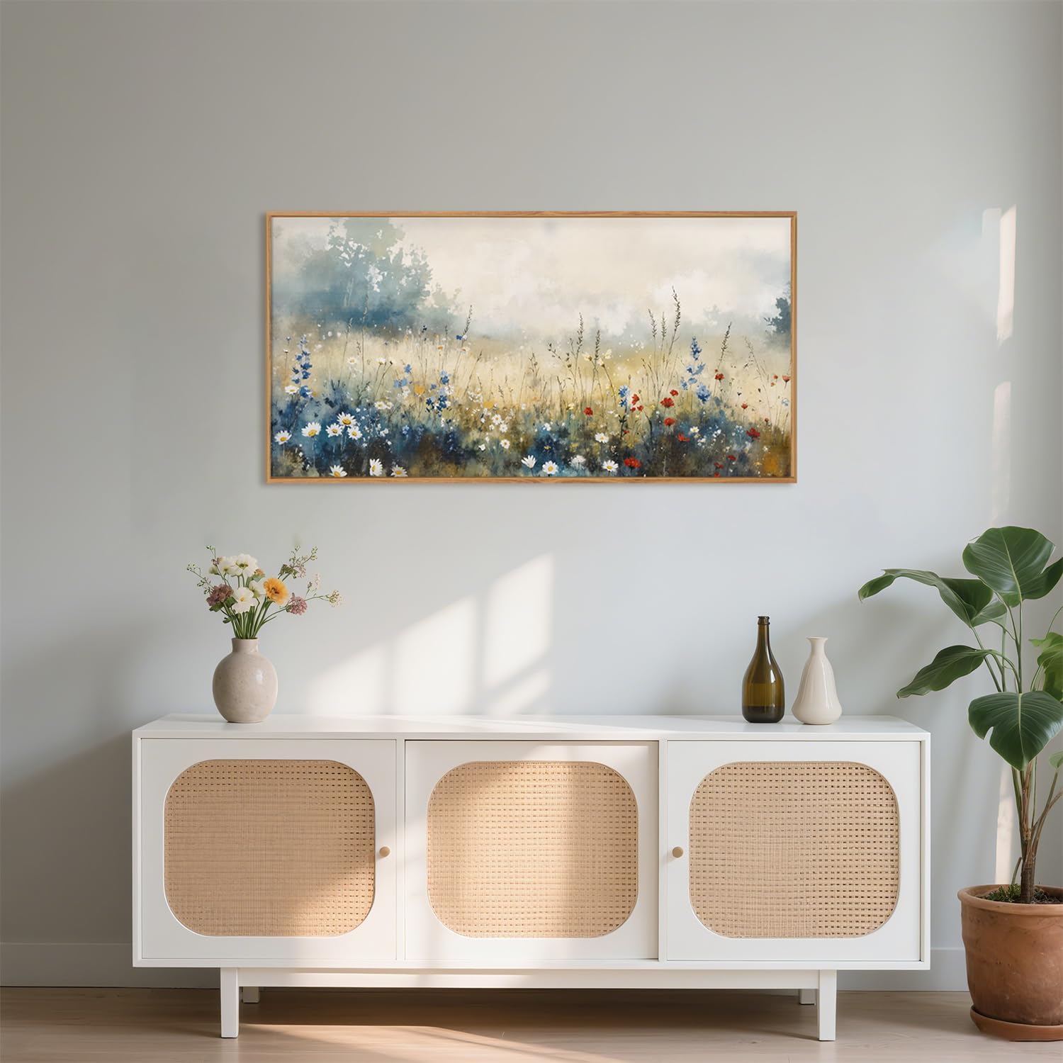 Nature Wildflower Framed Canvas Wall Art Set, Pastoral Landscape Wall Decor, Colorful Meadow Wall