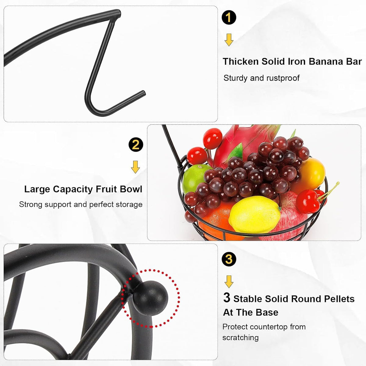 Livabber Countertop Fruit Basket Bowl with Banana Hanger, Modern Standing Fruit Vegetable Bowl