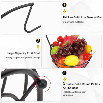 Livabber Countertop Fruit Basket Bowl with Banana Hanger, Modern Standing Fruit Vegetable Bowl
