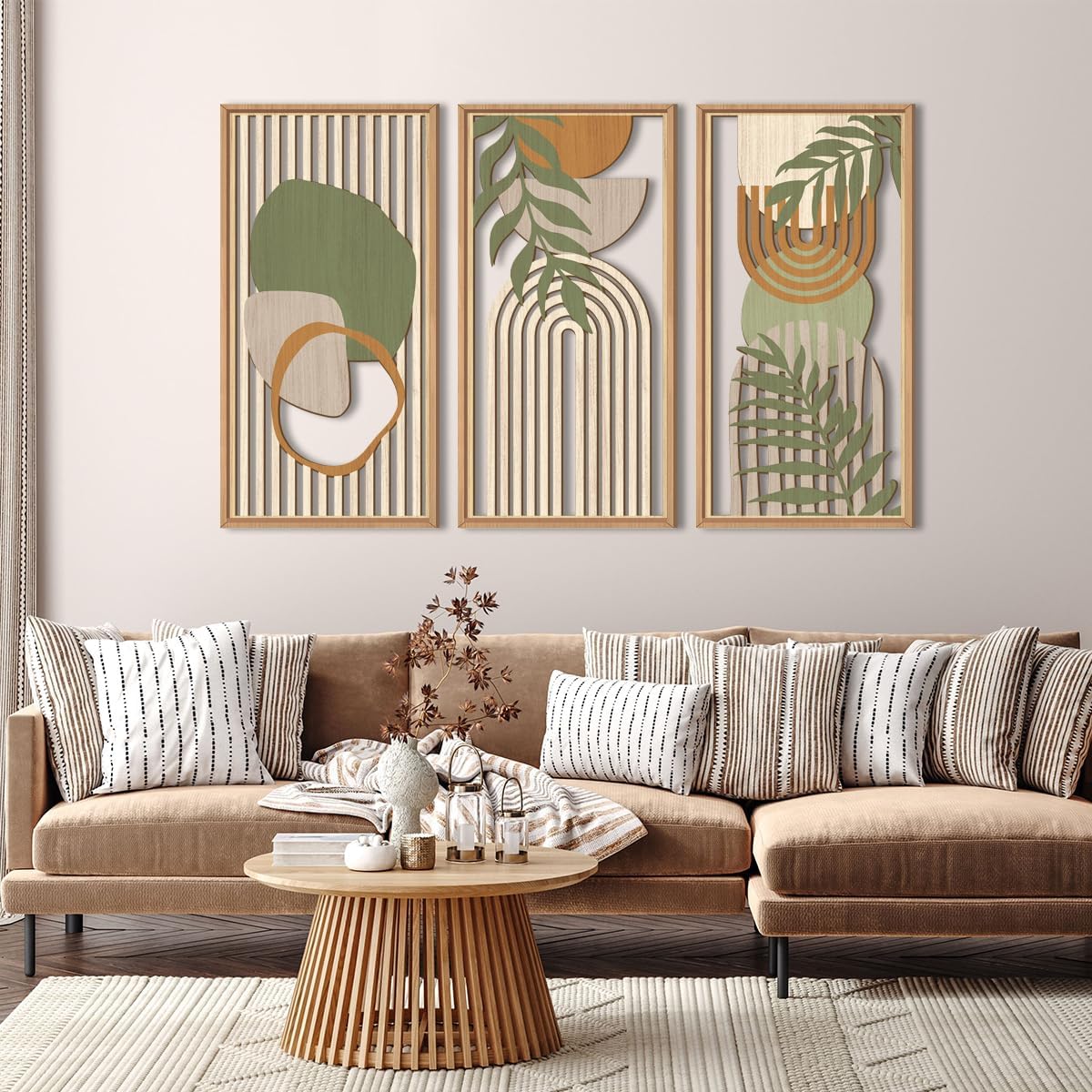 IARTTOP Large Boho Wood Wall Art Framed Mid-century Modern Wooden Wall Decor Set of 3 Green