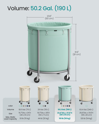 SONGMICS Laundry Basket, Rolling Steel Frame with 2 Locking Wheels, 190 L