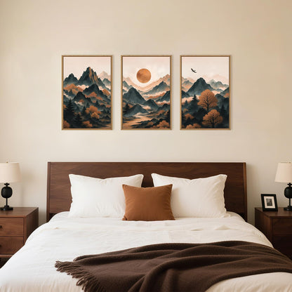 Celestdeco Large Boho Mountain Framed Canvas Wall Art Set, Brown Ridge Landscape Wall Decor, Pine