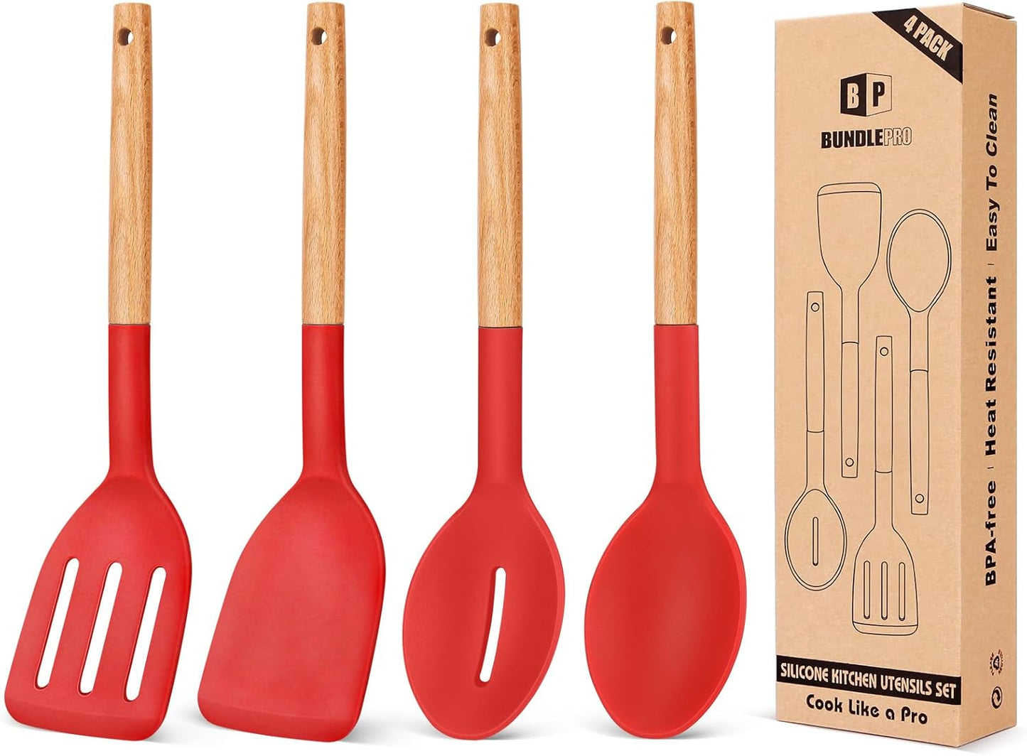 Pack of 4 Silicone Cooking Utensils Set, Non Stick Solid Spatulas and Heat Resistant Slotted Spoons