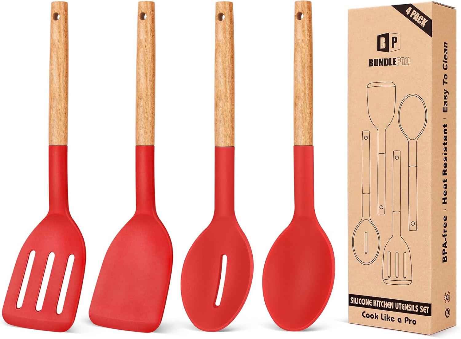 Pack of 4 Silicone Cooking Utensils Set, Non Stick Solid Spatulas and Heat Resistant Slotted Spoons