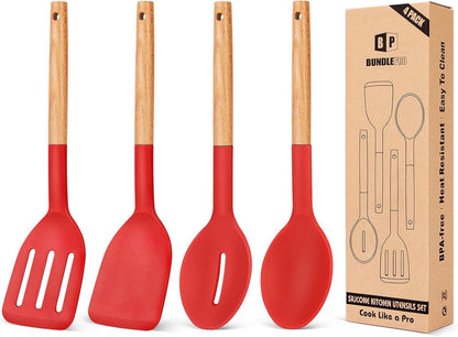 Pack of 4 Silicone Cooking Utensils Set, Non Stick Solid Spatulas and Heat Resistant Slotted Spoons