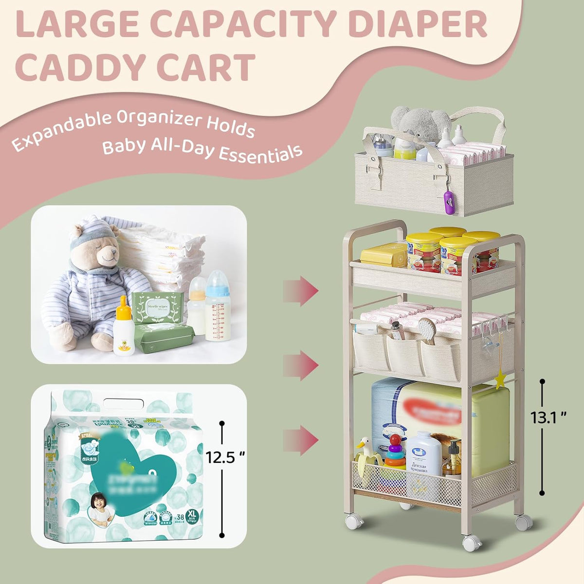 Baby Diaper Caddy Organizer and Storage,2In1 Baby Cart Organizer-Baby Diaper Caddy+3 Tier Rolling