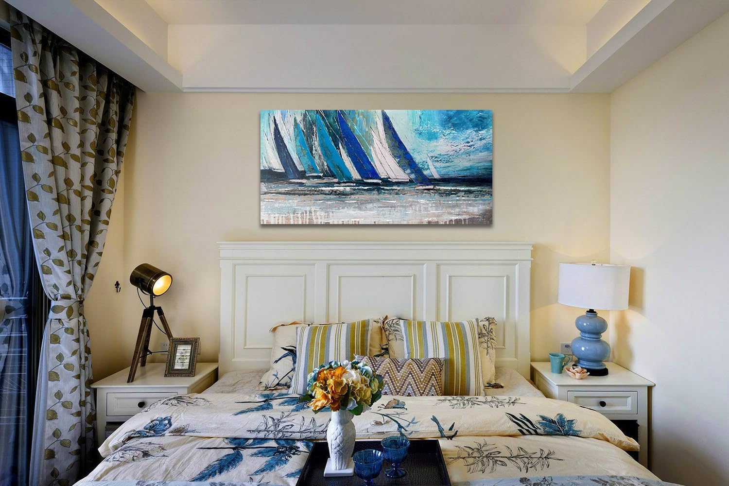 Arjun Blue Abstract Wall Art Canvas Teal Ocean Sailboat Picture Modern Turquoise Coastal Nautical