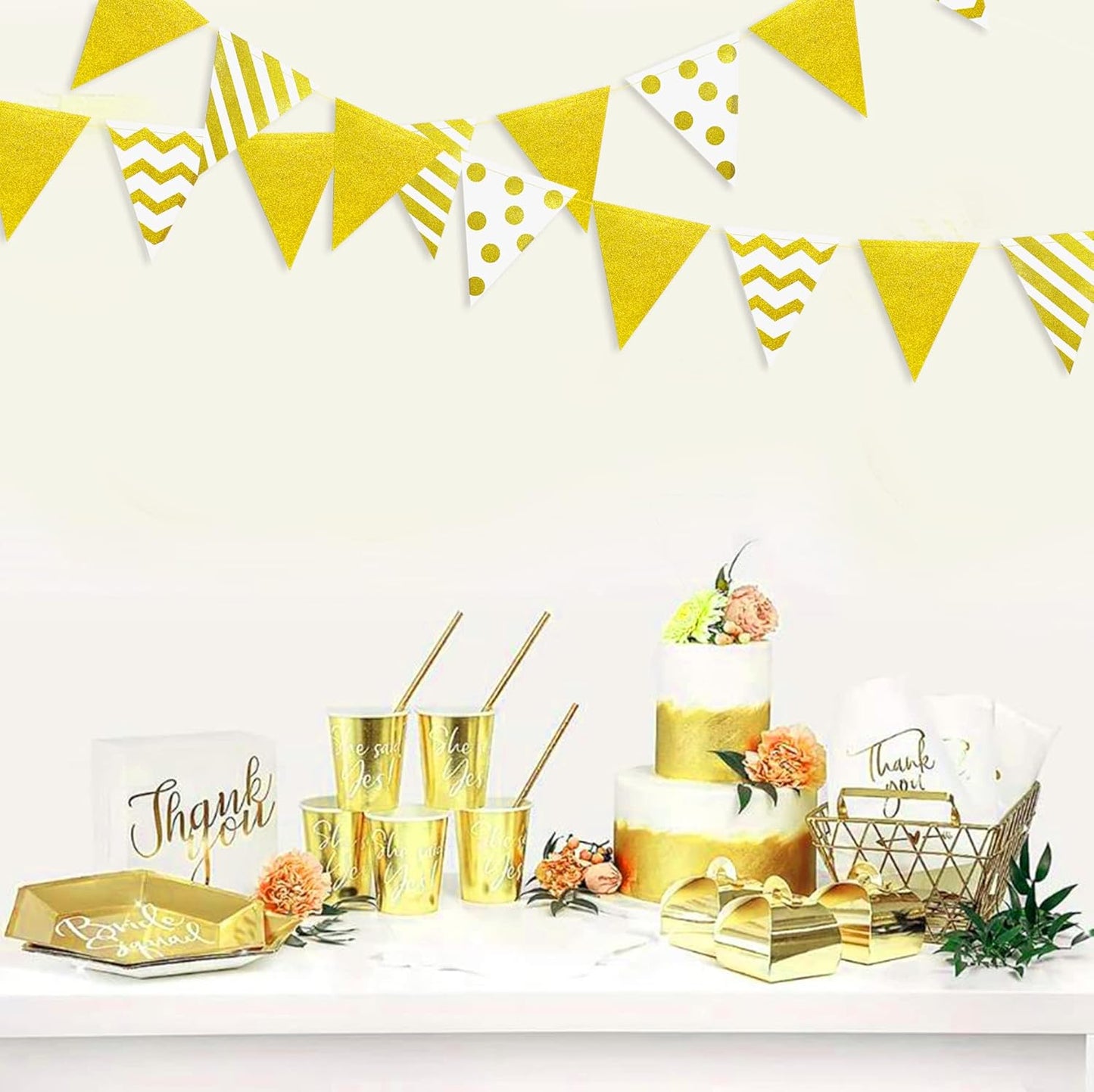 39Ft White and Gold Party Decorations Polka Dot Stripe Triangle Pennant Banner Glitter Foil Paper