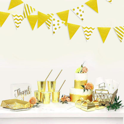 39Ft White and Gold Party Decorations Polka Dot Stripe Triangle Pennant Banner Glitter Foil Paper