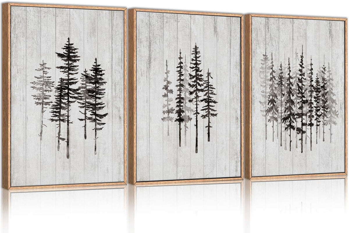 HPINUB Woodcut Style Pine Tree Framed Canvas Wall Art Set, Minimalist Modern Black and White Forest