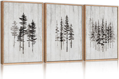 HPINUB Woodcut Style Pine Tree Framed Canvas Wall Art Set, Minimalist Modern Black and White Forest