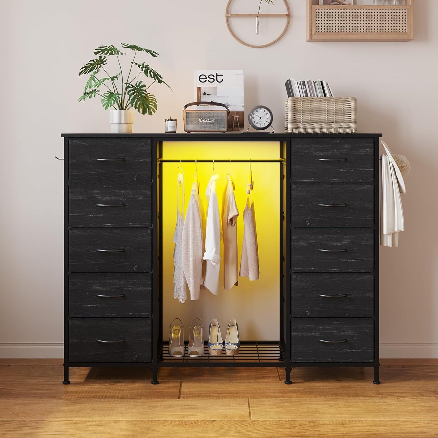 LUMTOK 55" W 2-in-1 Dresser with Hanging Rack, 10 Drawers Dresser for Bedroom,Dressers with Fabric