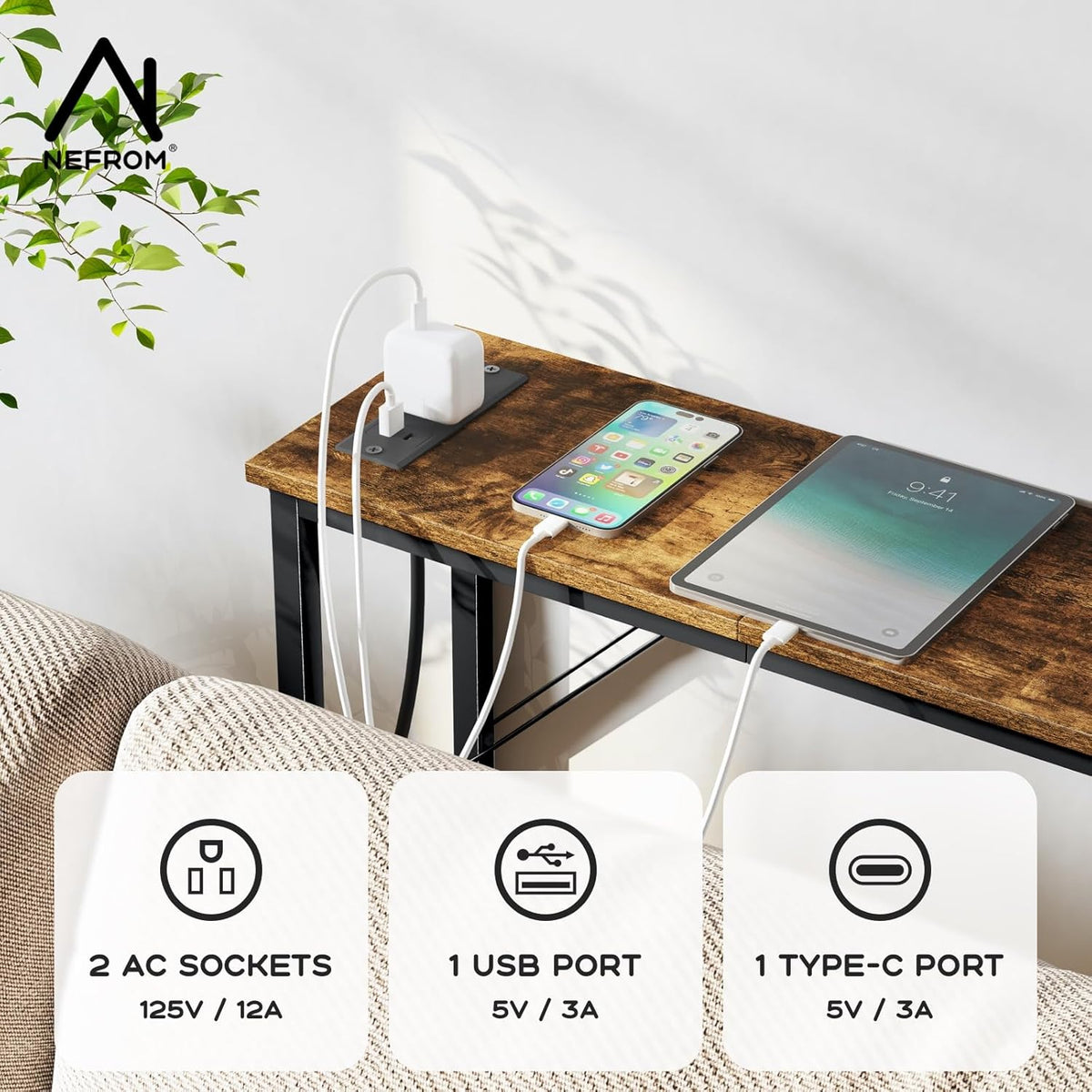 39.4" Console Table, Skinny Entryway Table with Fast-Charging Station, Narrow Long Sofa Table