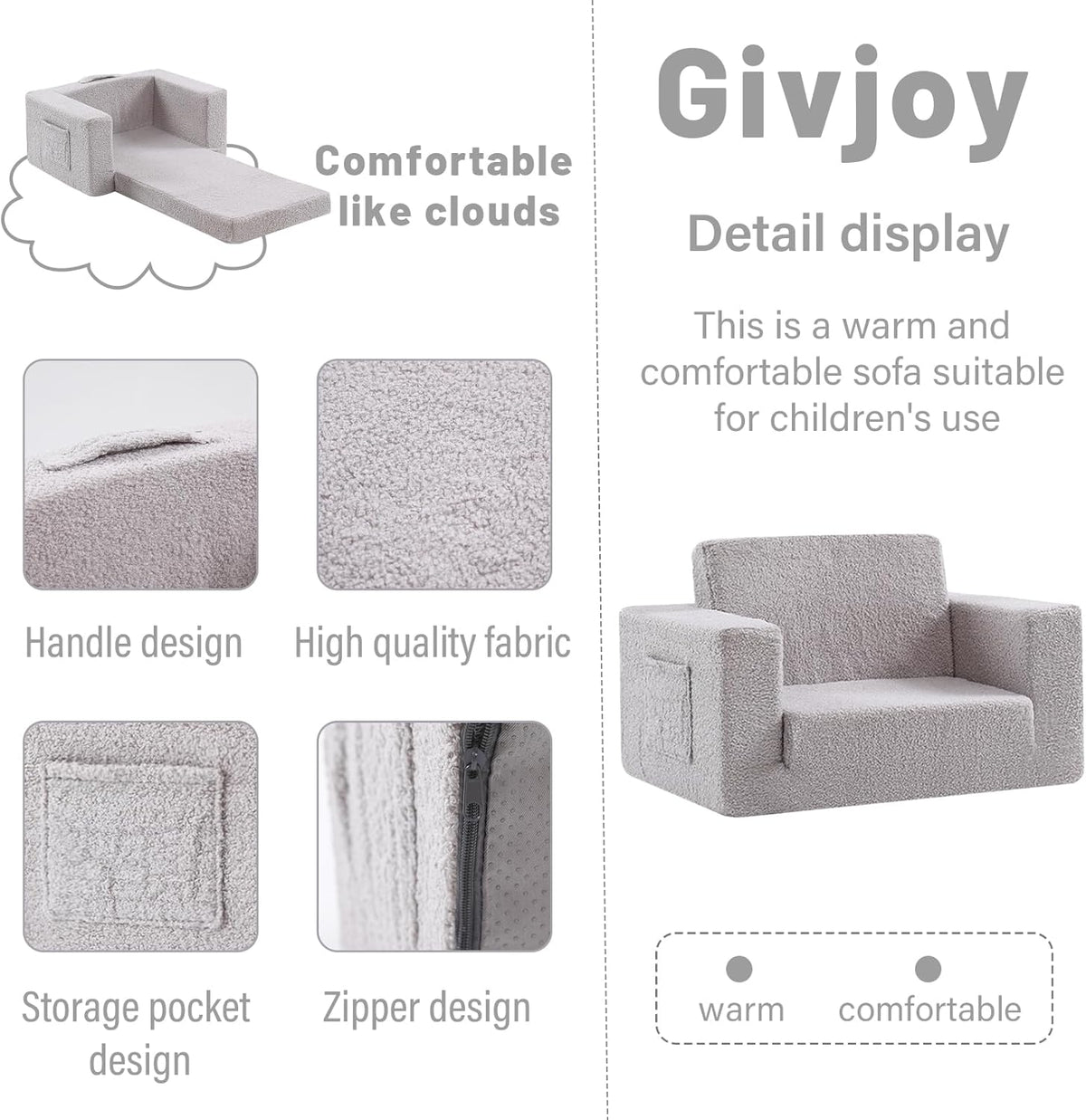 Toddler Chair Sherpa Kids Couch, 2-in-1 Toddler Soft Kids Sofa Toddler Lounger Chair for Bedroom