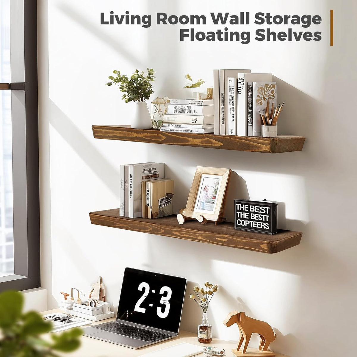36"x6.8"x1.6" Slanted Floating Wall Shelves 2-Pack - Rustic Brown Finish, Heavy-Duty Solid Wood