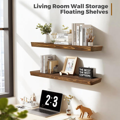 36"x6.8"x1.6" Slanted Floating Wall Shelves 2-Pack - Rustic Brown Finish, Heavy-Duty Solid Wood