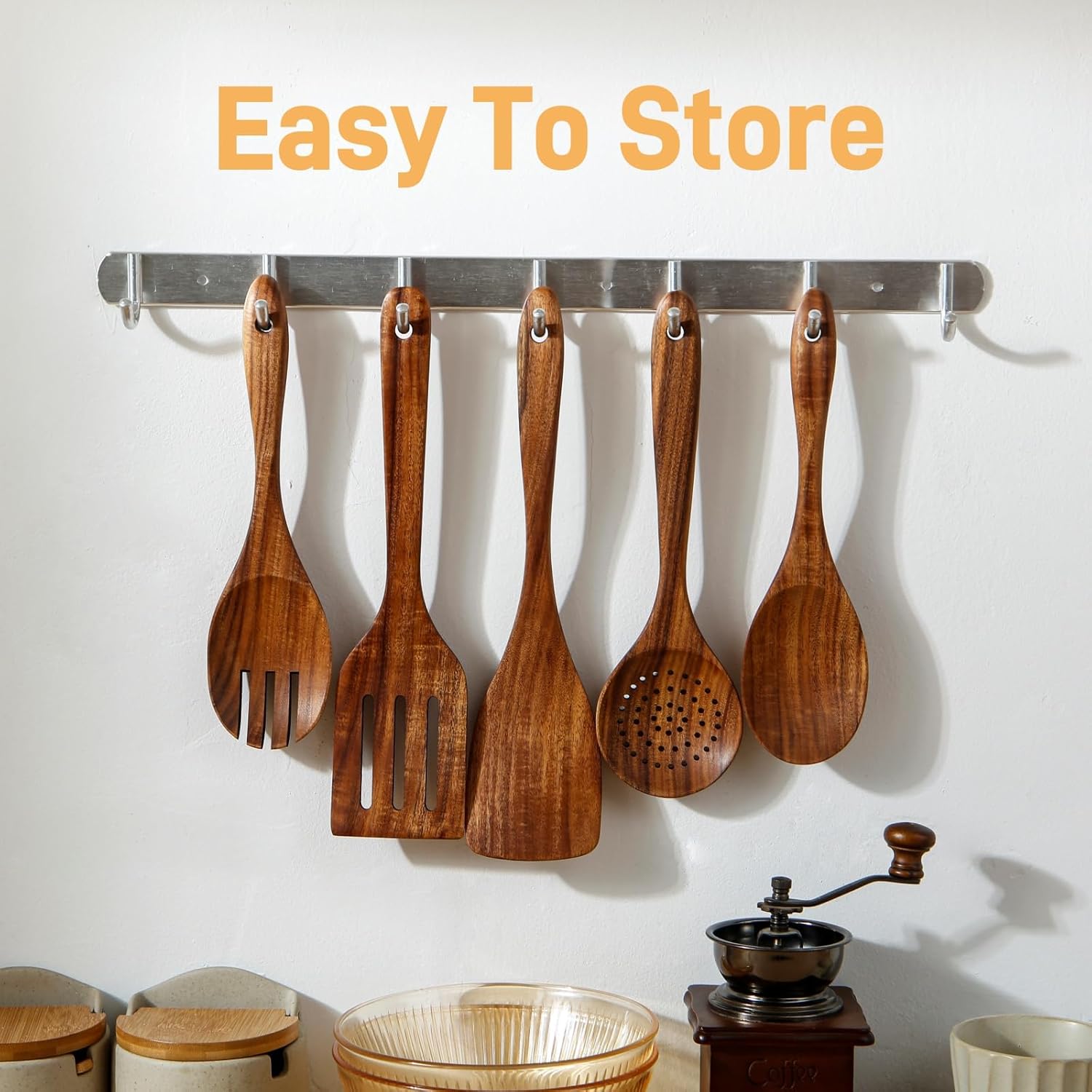 6 PCS Wooden Spoons for Cooking - Teak Wooden Cooking Utensils Set with Holder - Non-Stick, Soft