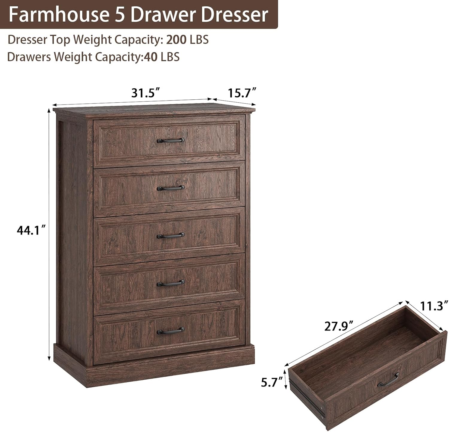 Farmhouse 5 Drawers Dresser for Bedroom, 44" Tall Brown dresser Wood Rustic Chest of Drawers with