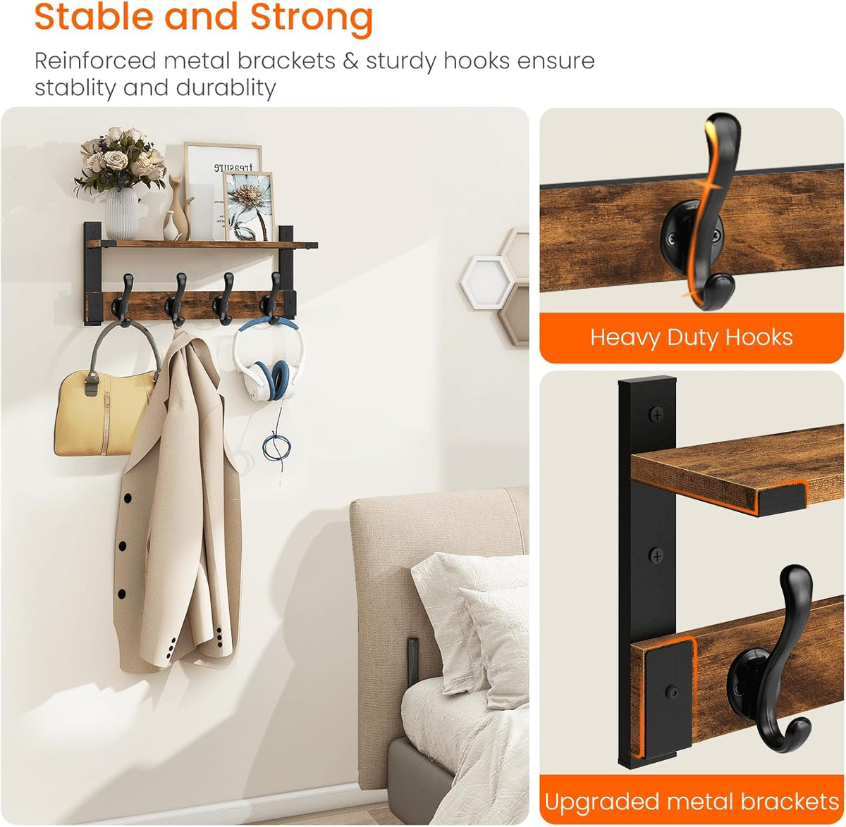 Homode Coat Rack Wall Mount with Shelf, Wood Wall Hooks with Shelf, Heavy Duty Entryway Shelf with