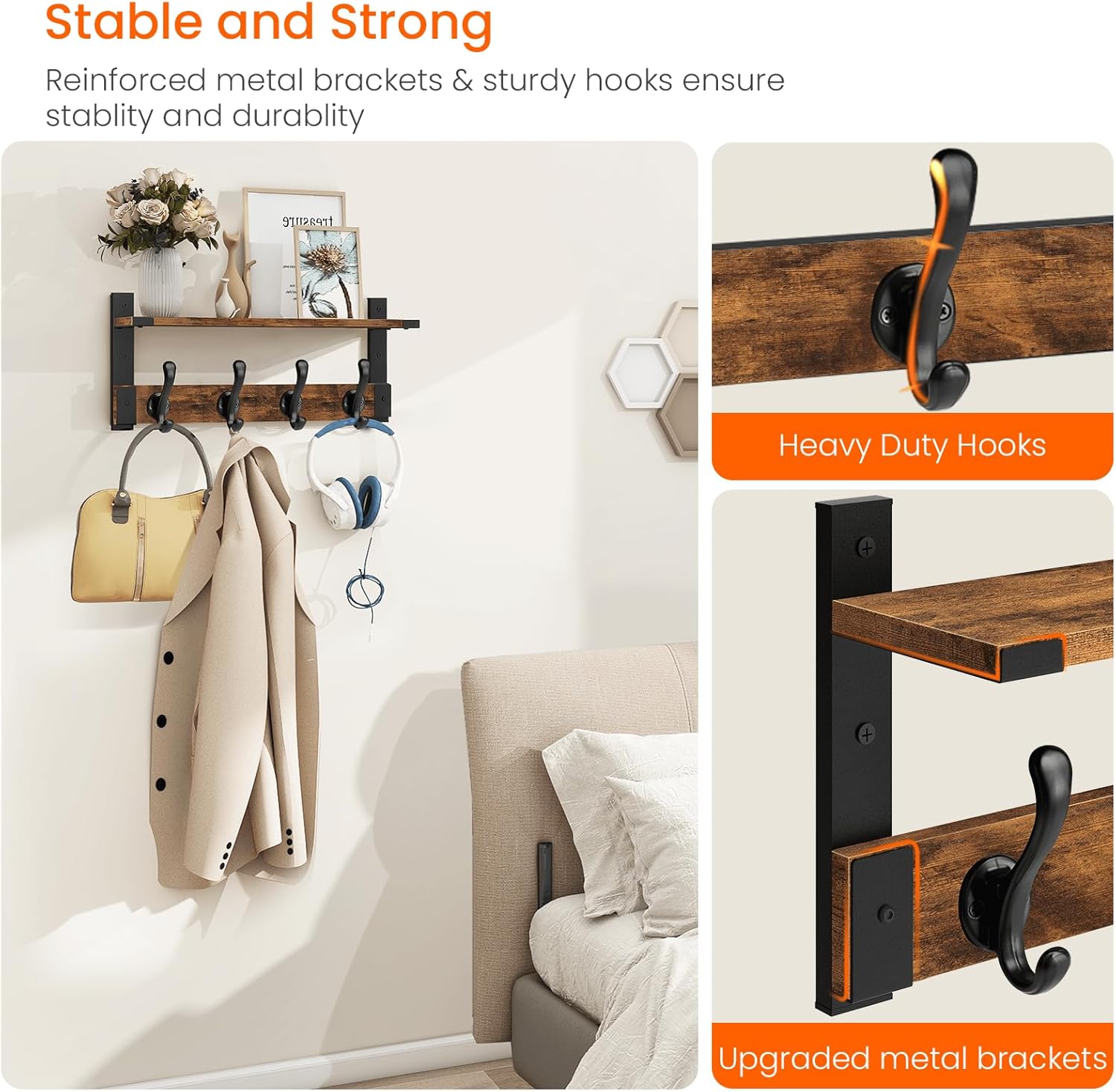 Homode Coat Rack Wall Mount with Shelf, Wood Wall Hooks with Shelf, Heavy Duty Entryway Shelf with