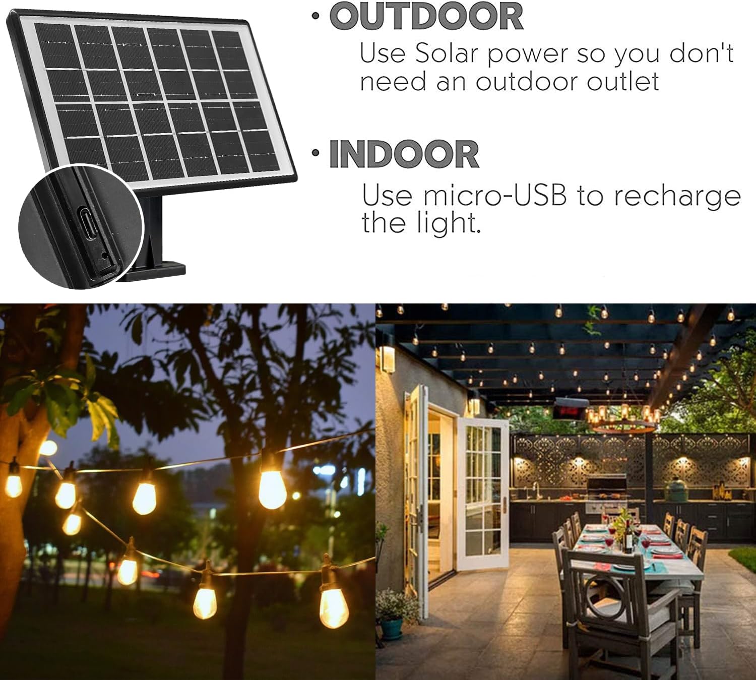 SUNTHIN Outdoor Solar String Lights, 48ft Solar Patio Lights with USB Rechargeable, Waterproof &