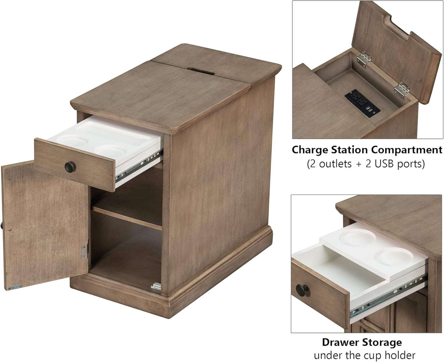 Traditional Wood End Table with Charging Station, Modern Vintage Sofa Chair Side Table Nightstand