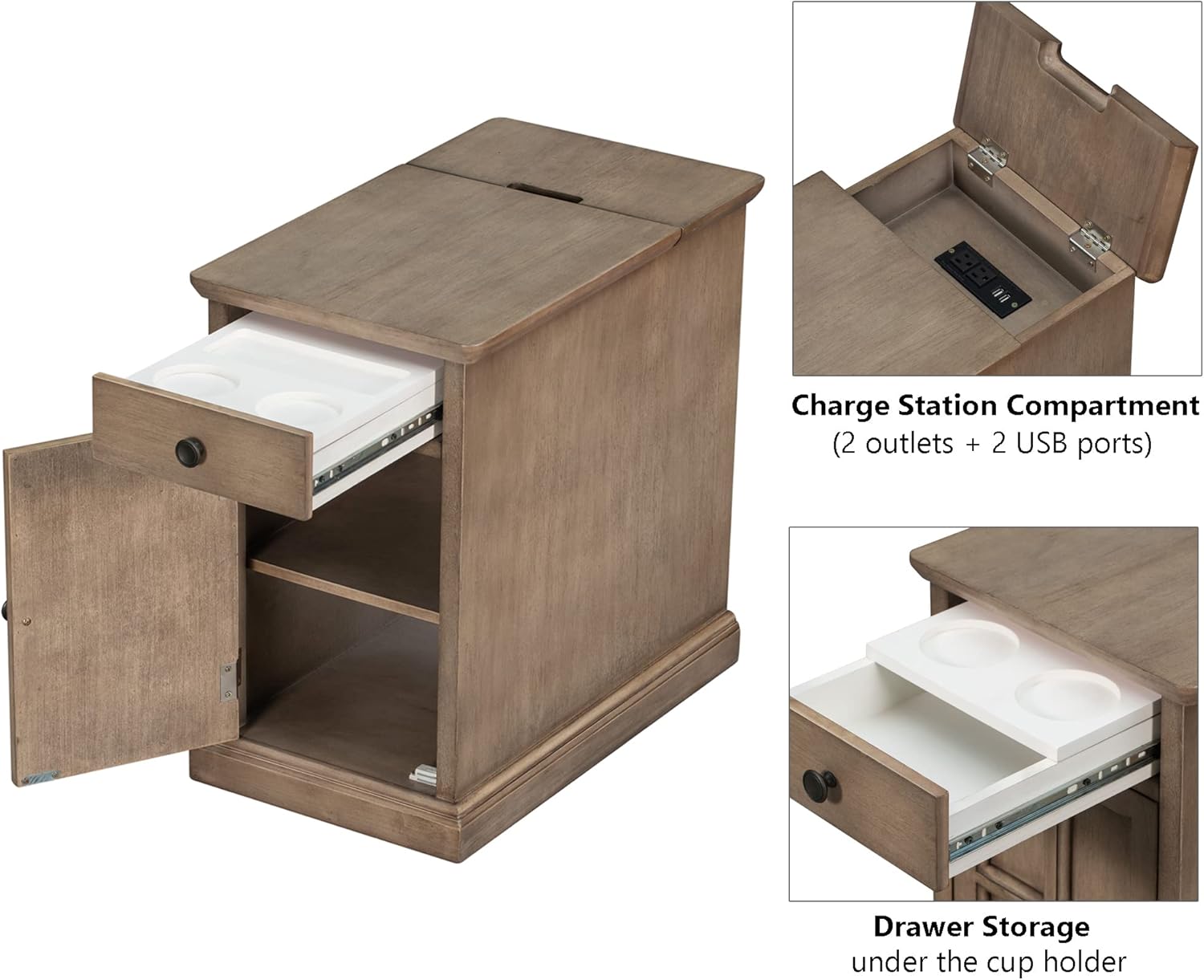 Traditional Wood End Table with Charging Station, Modern Vintage Sofa Chair Side Table Nightstand
