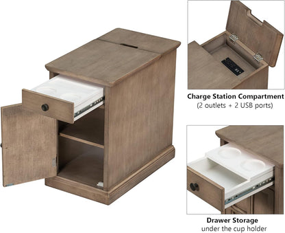 Traditional Wood End Table with Charging Station, Modern Vintage Sofa Chair Side Table Nightstand