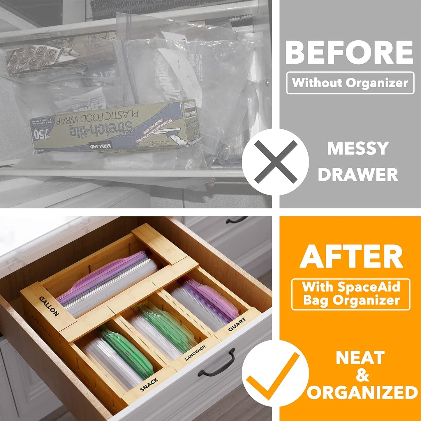 SpaceAid Bag Storage Organizer for Kitchen Drawer, Bamboo Organizer, Compatible with Gallon, Quart
