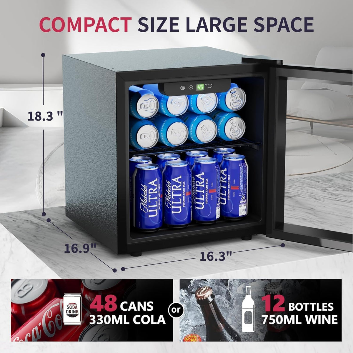 48 Can Beverage Refrigerator Cooler, Mini Fridge Glass Door with Adjustable Shelves, Freestanding