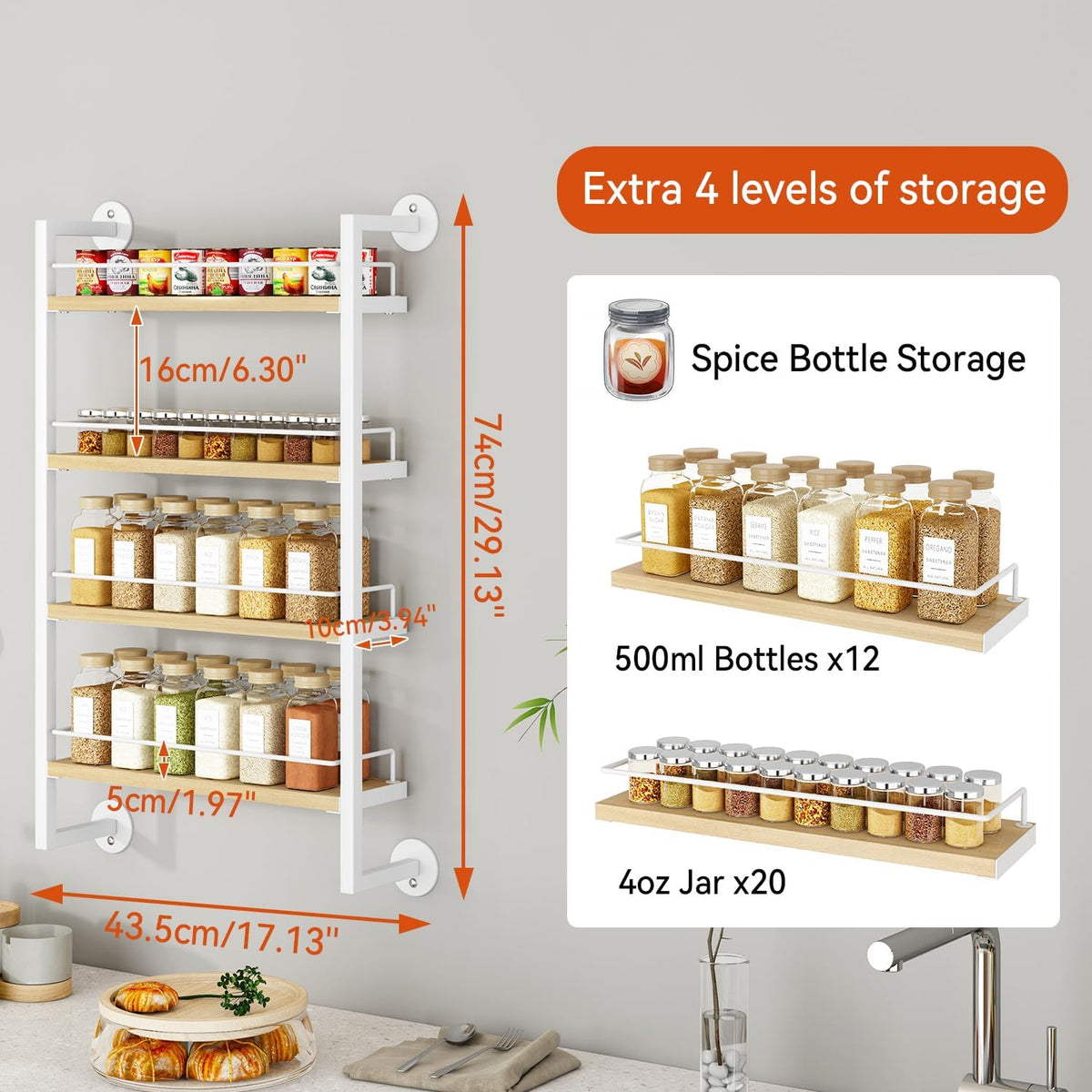 IBUYKE Spice Rack Wall Mount,4 Tier Hanging Seasoning Organizer,Spice Rack for Wall for up to 50