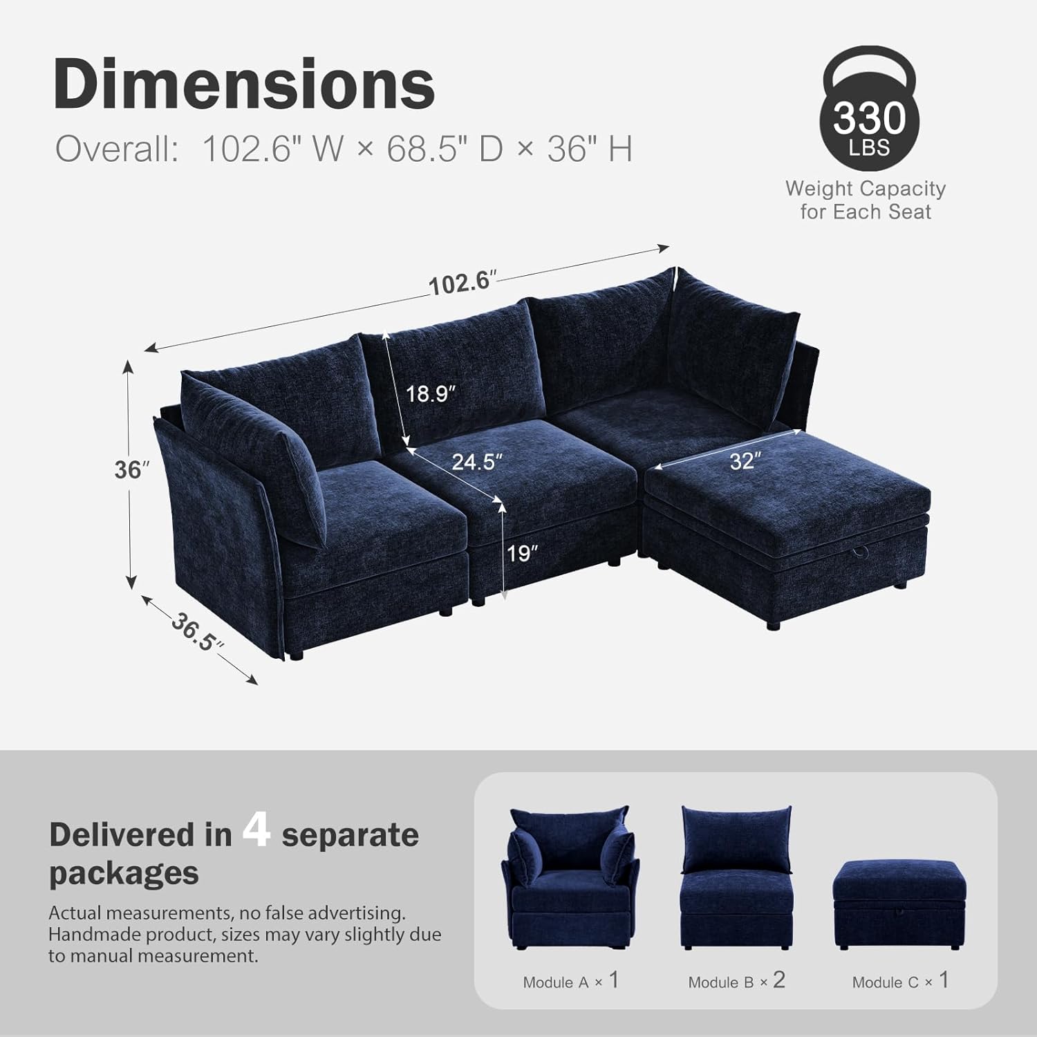 102.6" Modular Sectional Sofa, L Shaped Couch Set for Living Room, 3-Seater Comfy Cloud Couches
