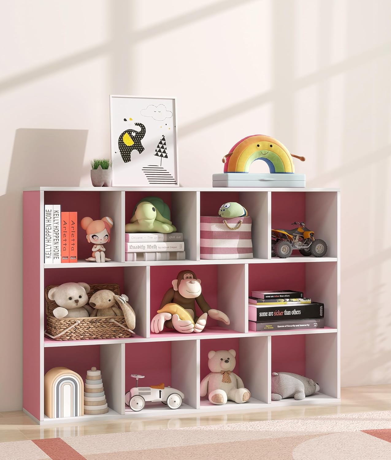 11-Cube Pink Kids Bookshelf and Toy Organizer – Wooden Storage Shelf for Girl’s Room and Nursery