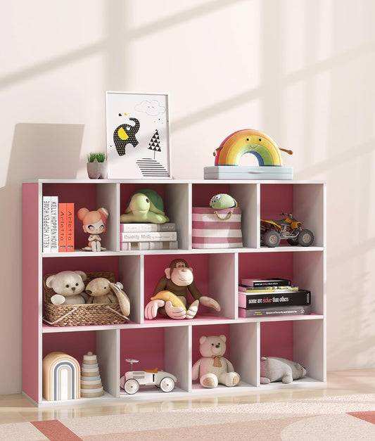 11-Cube Pink Kids Bookshelf and Toy Organizer – Wooden Storage Shelf for Girl’s Room and Nursery