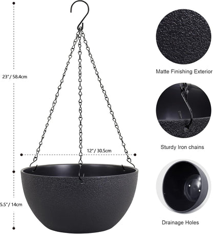 12 inch Large Hanging Planters for Indoor Outdoor Plants, 2 Pack Hanging Flower Pots with Drainage
