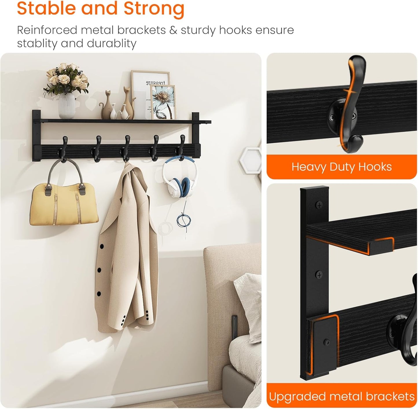 Homode Coat Hanger Wall Mount with Shelf, 29 in Hanging Rack with Storage, Entryway Shelf with Pegs