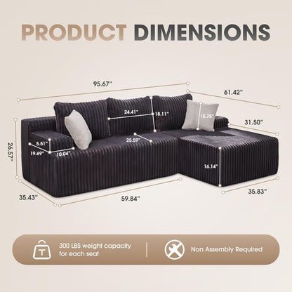 Hobestluk 96” Modular Sectional Sofa Couches L-Shape Couch 3 Seat Modular Sofa Memory Foam