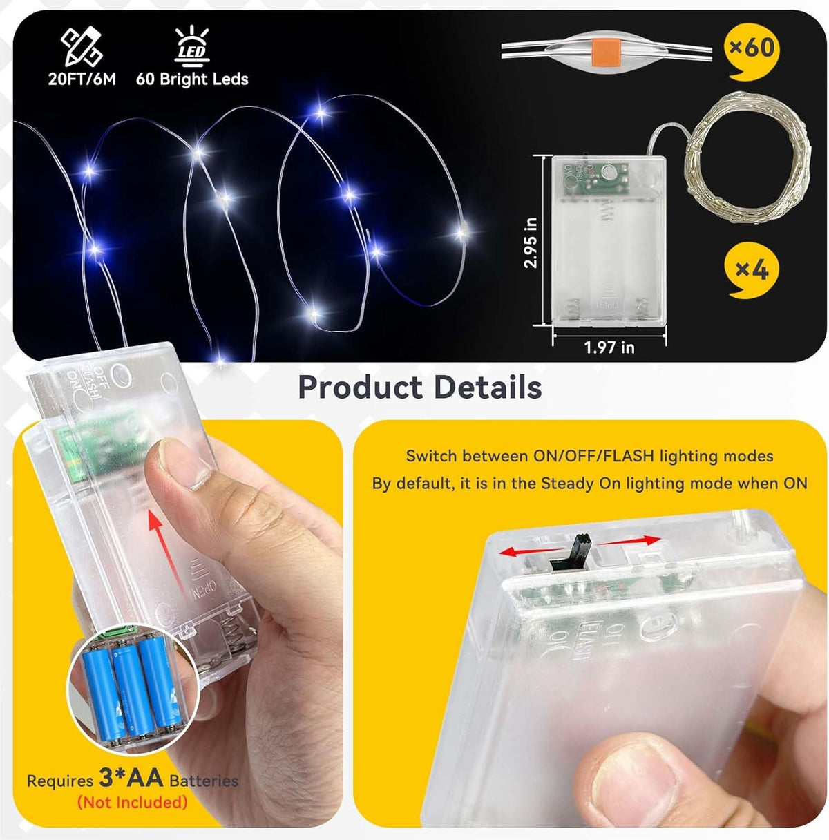 4 Pack 60LED Christmas Fairy Lights Battery Operated - 20FT Twinkle Lights with 2 Lighting Modes