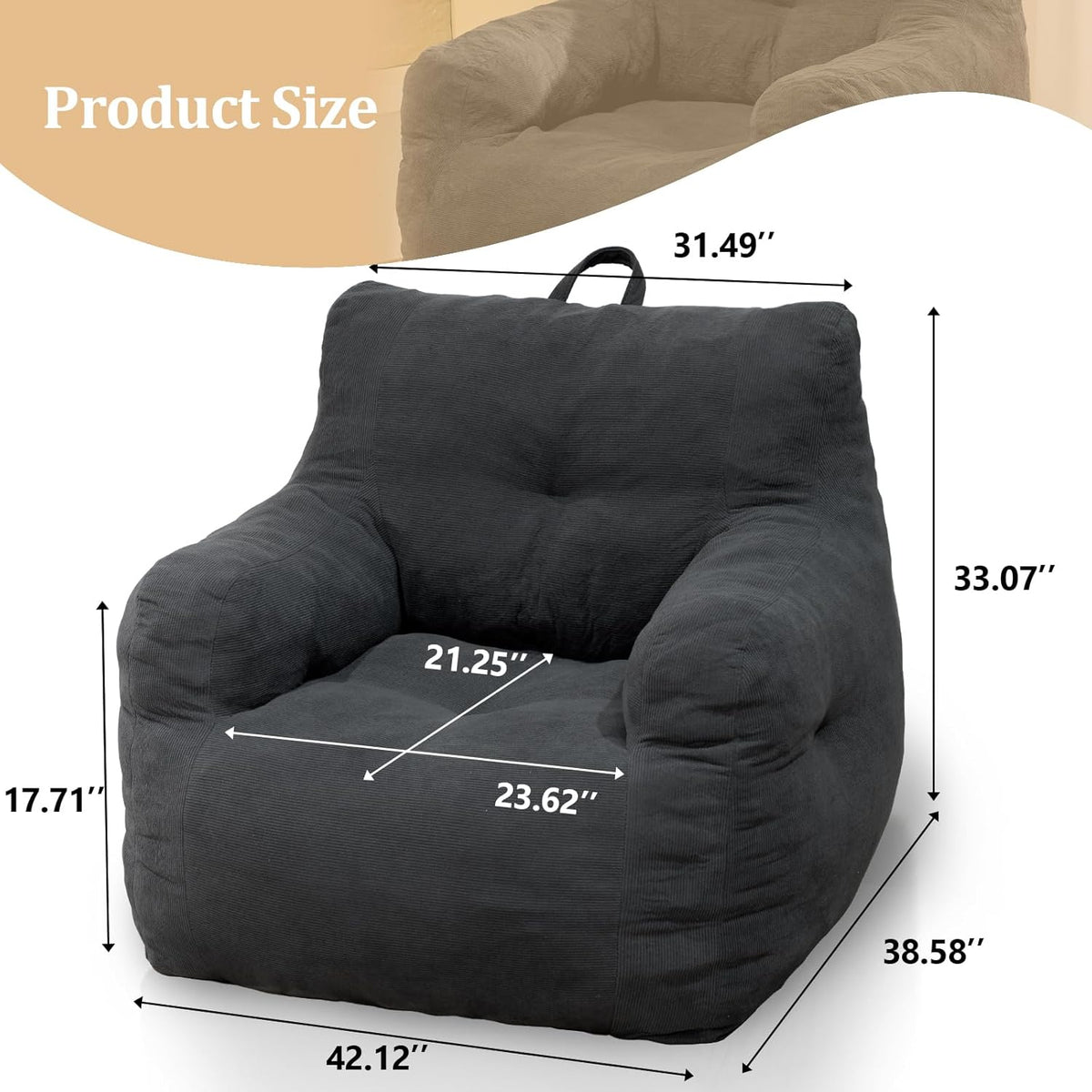 Giant Bean Bag Chair, Large Bean Bag Chair for Adults, Fluffy and Comfy Bean Bag Chair with Filler