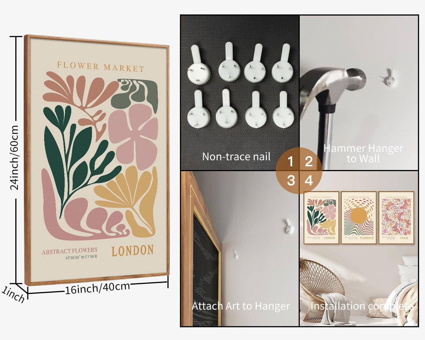 Tinonedraw Boho Flower Market Framed Canvas Wall Art Set, Pink Beige Cute Butterfly Wall Decor