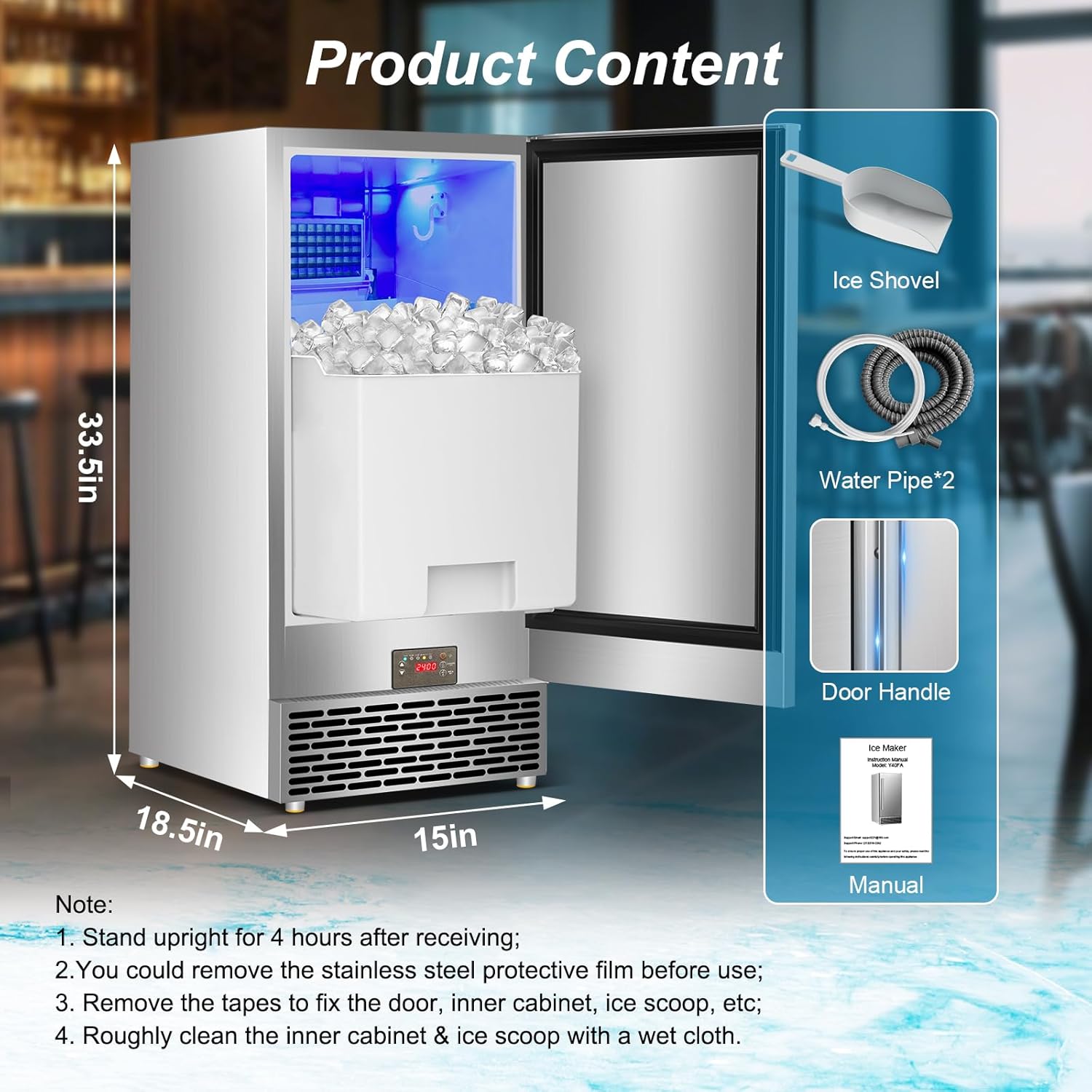 Commercial Ice Maker Machine 120 LBS/24H, 60 LBS Cold Preservation Bin for 4-6 H, Freestanding