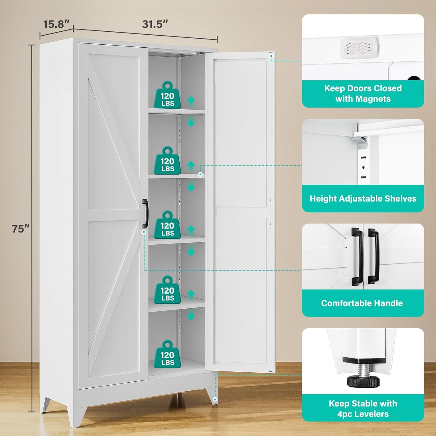 75" Tall Pantry Cabinet,Farmhouse Kitchen Pantry Storage Cabinets with 2 Doors and 5 Shelves,White