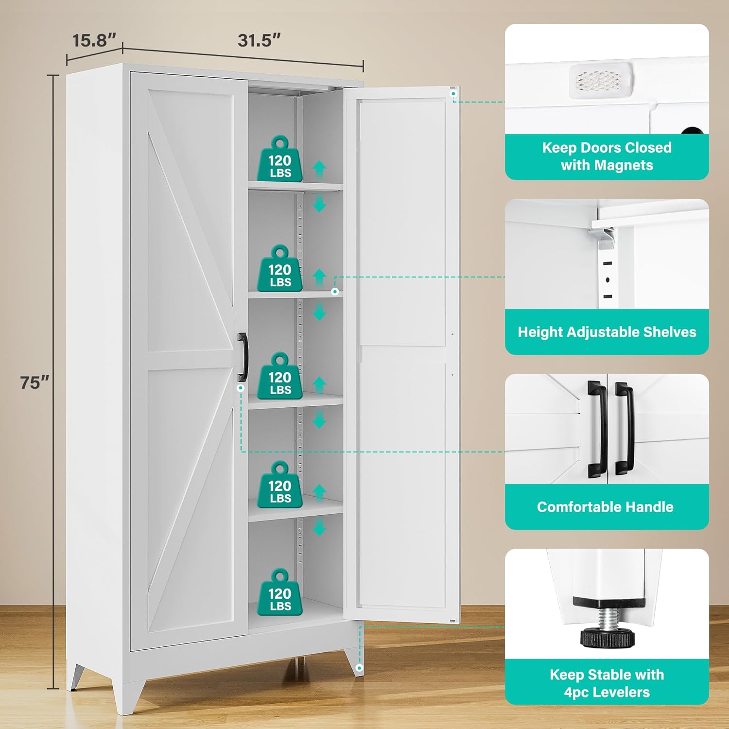 75" Tall Pantry Cabinet,Farmhouse Kitchen Pantry Storage Cabinets with 2 Doors and 5 Shelves,White