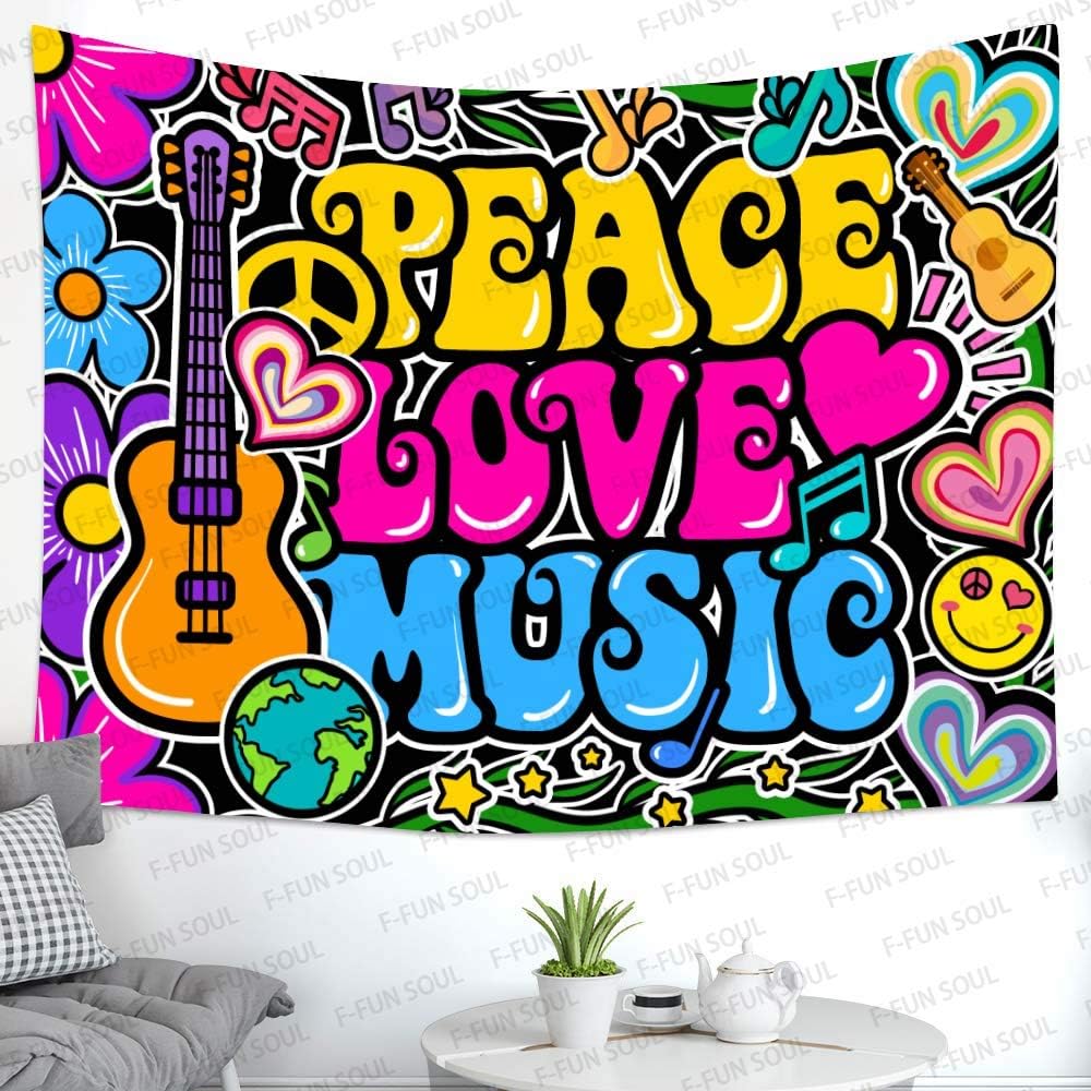F-FUN SOUL Peace Love and Music Tapestry, 80x60inches Soft Flannel, Guitar Symbol Dove Flowers